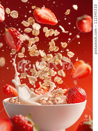 Advertising shot of white ceramic bowl with oat meal, milk splashes and flying strawberries and flakes, cereals on red background 112345310