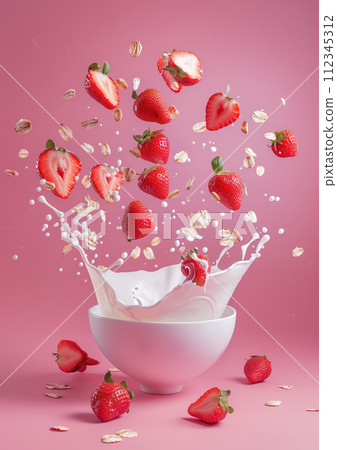 Advertising shot of white ceramic bowl with oat meal, milk splashes and flying strawberries and flakes, cereals on pink background 112345312