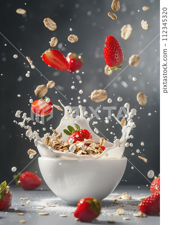 Advertising shot of white ceramic bowl with oat meal with milk splashes, strawberries and flakes, cereals on black background Advertising shot of white ceramic bowl with oat meal with milk splashes, strawberries and flakes, cereals on black background 112345320