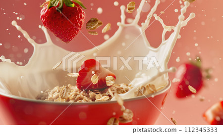 Advertising shot of red ceramic bowl with oat meal, milk splashes and strawberries and flakes, cereals on red background 112345333