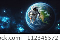 AI-generated content. An astronaut floats in space over Earth with stars in the background. AI illustration. 112345572