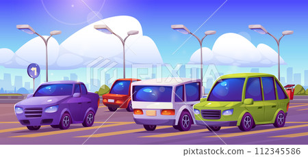 Cars standing on parking lot on city street. Cars standing on parking lot on city street. 112345586