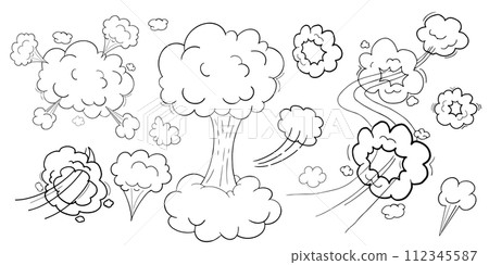 Comic motion effect, clouds speed way, trail set fast wind swirl, puff poof elements isolated on white background. Blow explosion Comic motion effect, clouds speed way, trail set fast wind swirl, puff poof elements isolated on white background. Blow explosion 112345587