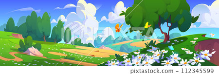 Summer valley landscape with flowers Summer valley landscape with flowers 112345599