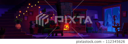 Night chalet interior with fireplace 112345626