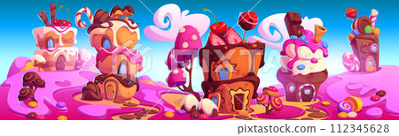 Candy land with fantasy sweet dessert houses 112345628