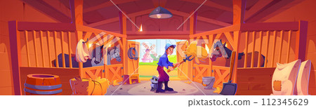 Horse stable with farmer and animals in stall. 112345629