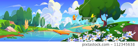 Summer landscape of lake in meadow with daisy 112345638