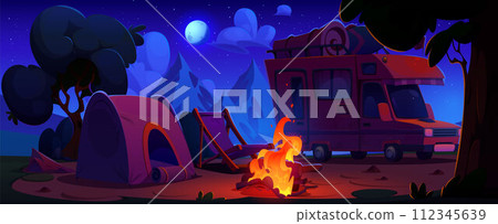Camping place with camper van and bonfire at night Camping place with camper van and bonfire at night 112345639