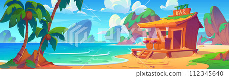 Tiki bar on shore of tropical lagoon. Tiki bar on shore of tropical lagoon. 112345640