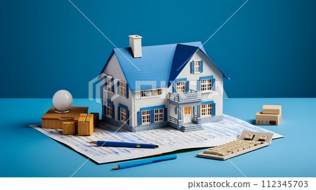 A blue and white model house sits on top of a... - Stock Illustration ...