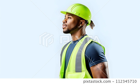 A construction worker wearing a green hard hat and reflective ve 112345710