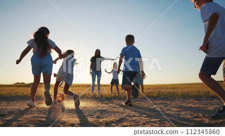 happy family playing ball in the park. a group of children playing ball in nature. happy family kid dream concept. sunset children playing lifestyle soccer in the park in nature happy family playing ball in the park. a group of children playing ball in nature. happy family kid dream concept. sunset children playing lifestyle soccer in the park in nature 112345860