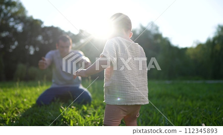 baby takes first steps in the park. happy family kid dream concept. dad teaches his son to walk takes the first steps lifestyle in the park on green grass. baby son taking first steps baby takes first steps in the park. happy family kid dream concept. dad teaches his son to walk takes the first steps lifestyle in the park on green grass. baby son taking first steps 112345893