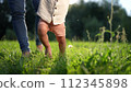baby takes first steps in the park. happy family kid dream concept. dad teaches his son to walk takes the first steps in the park on green grass. lifestyle baby son taking first steps 112345898