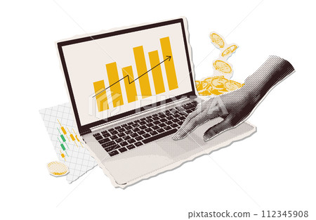 Minimalist collage with halftone hands paper torn put stickers. Punk metaphor concept of Finance-themed banner with growing stock money and profit cash. Cutouts magazines elements. Vector 112345908