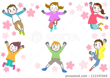 插畫內容：精力充沛跳躍的孩子、櫻花 112345944