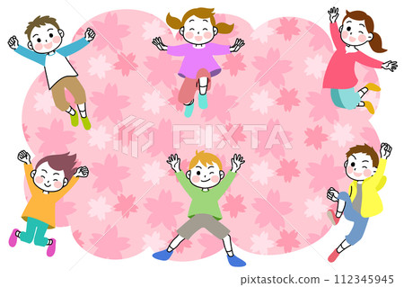 插畫內容：精力充沛跳躍的孩子們，櫻花框 112345945