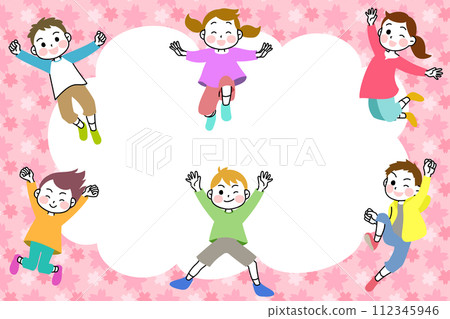 插畫內容：精力充沛跳躍的孩子們，櫻花框 112345946