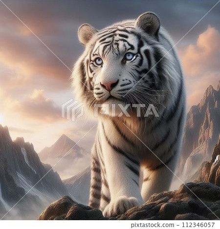 White tiger looking at the camera in the sunset White tiger looking at the camera in the sunset 112346057