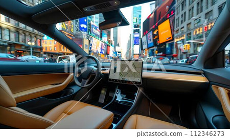 Luxury car interior during a vibrant city drive, urban exploration, modern lifestyle on the go. AI 112346273