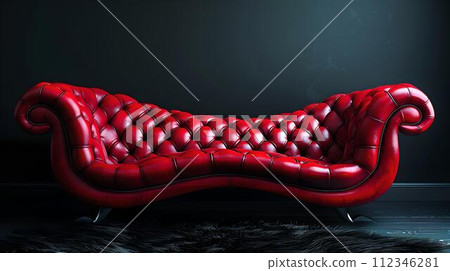 Elegant red chesterfield sofa on black background, luxury furniture design concept. vibrant upholstery in stylish interior. AI 112346281