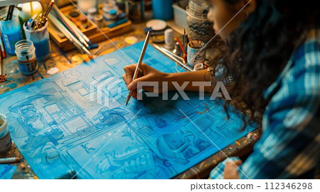 Creative artist drawing intricate blue patterns on large canvas. focus on art and creativity. artistic workspace atmosphere. casual style. AI 112346298
