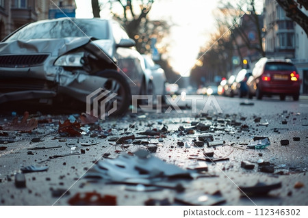 AI-generated content. Morning light shines on a damaged car and debris after a crash on a quiet urban street, suggesting transportation hazards. 112346302