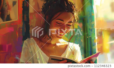 Joyful woman reading a book, basking in sunlight, indoor relaxation and happiness captured. bright, colorful portrait of literature enjoyment. perfect for lifestyle blogs and ads. AI 112346323