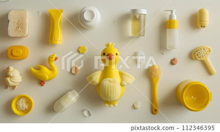 A variety of yellow bathroom accessories. from duck toys to soap dispensers. a cheerful, everyday collection. ideal for a family bathroom. AI 112346395
