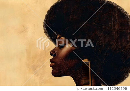 Artistic profile of a woman with an afro hairstyle and comb. silhouette against a warm background. vintage style portrait. fashion and beauty representation. AI Artistic profile of a woman with an afro hairstyle and comb. silhouette against a warm background. vintage style portrait. fashion and beauty representation. AI 112346396