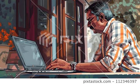 Focused man working on laptop in a cozy home setting. digital art. concept of remote work. creativity in freelance careers. AI Focused man working on laptop in a cozy home setting. digital art. concept of remote work. creativity in freelance careers. AI 112346397