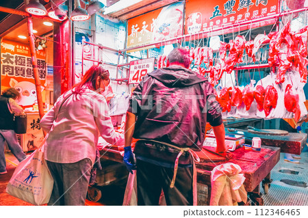Outdoor butcher shop on wan chai. hk Feb 23 2024 112346465