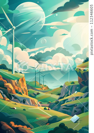 AI-generated content. Renewable Energy Farm: a wind and solar farm generating clean energy, highlighting the shift towards sustainable power sources 112346605