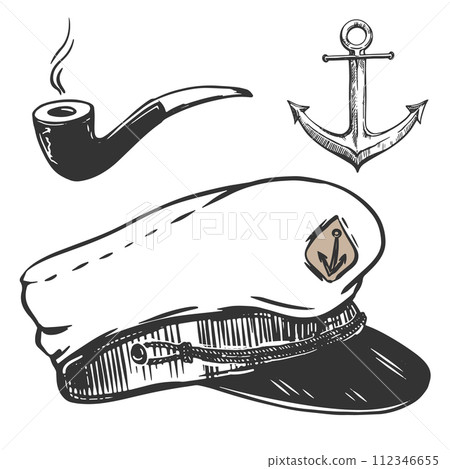 Nautical elements set. Vector captain's cap, smoking pipe, metal anchor. Monochrome illustration in engraving style. Package design elements, sea restaurant menu. Nautical elements set. Vector captain's cap, smoking pipe, metal anchor. Monochrome illustration in engraving style. Package design elements, sea restaurant menu. 112346655