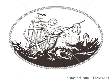 octopus attacked the ship, retro old Ship vintage hand drawn vector illustration realistic sketch 112346661