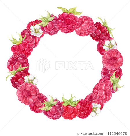 Raspberry wreath. Watercolor illustration. Isolated on a transparent background. Frame of red ripe berries for decoration of dishes, dishes, yogurt, farm products. 112346678