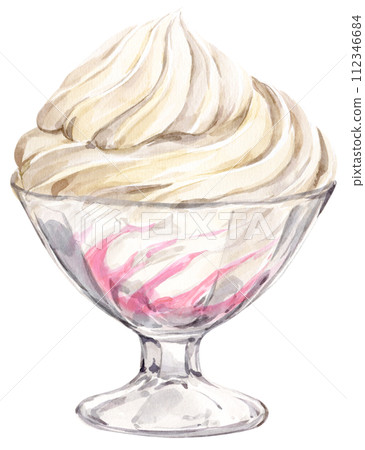 Whipped cream in a dessert glass. Watercolor illustration. Vanilla ice cream with berry topping in a transparent container. Summer sweet refreshing dish, winter frozen yogurt. Whipped cream in a dessert glass. Watercolor illustration. Vanilla ice cream with berry topping in a transparent container. Summer sweet refreshing dish, winter frozen yogurt. 112346684