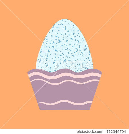Colored egg in cup vector illustration. Easter meal decor. Painted checkerboard blue egg served in egg holder decorated with hand painted textured brush strokes. Happy Easter design. Paschal food 112346704