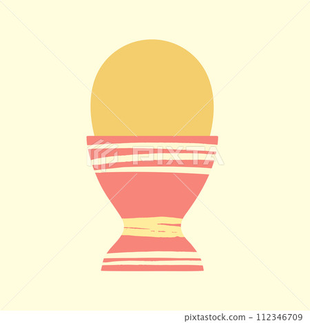 Colored egg in cup vector illustration. Easter meal. Boiled painted yellow egg served in pink egg holder decorated with hand painted brush strokes. Happy Easter design. Paschal food design, icon 112346709