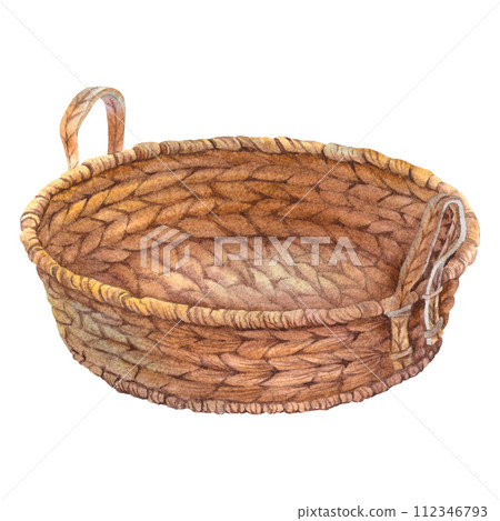 Wicker round basket with two handles. For flowers, food, home decoration and cosmetics. Hand drawn watercolor illustration on isolated background. For creating postcards, Spa, weddings, Easter decor. Wicker round basket with two handles. For flowers, food, home decoration and cosmetics. Hand drawn watercolor illustration on isolated background. For creating postcards, Spa, weddings, Easter decor. 112346793