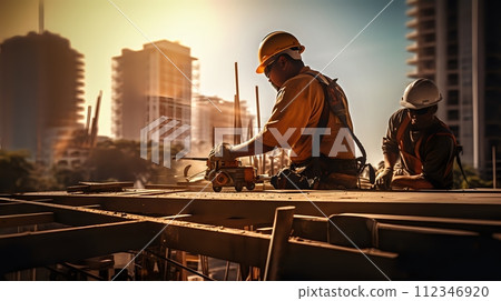 Construction worker wearing a hard hat and safety glasses uses a 112346920