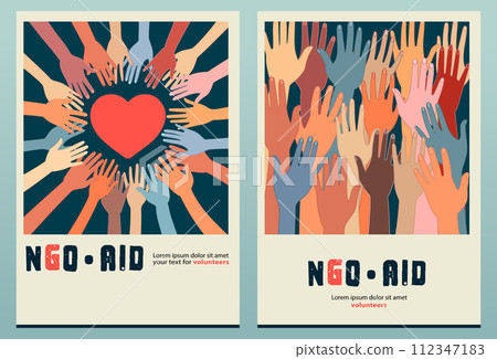 Raised hands in circle of volunteer people around a heart. People diversity. Charitable and donation. Support and assistance. NGO. Aid. Help. Volunteerism. Poster or Banner copy space 112347183