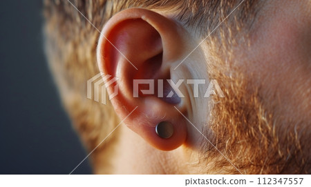 Close-up of mans ear with black stud earring, showcasing modern fashion trends Close-up of mans ear with black stud earring, showcasing modern fashion trends 112347557