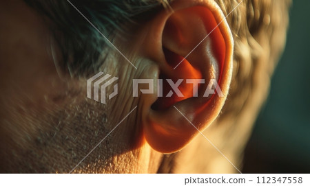 Close-up of the ear of a senior man with gray hair, detailed view of the aging process Close-up of the ear of a senior man with gray hair, detailed view of the aging process 112347558