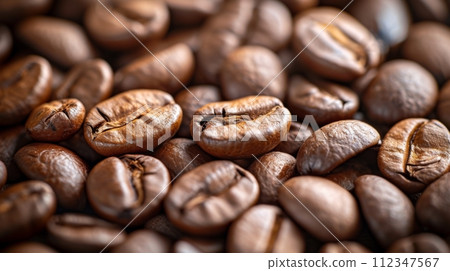 Roasted Coffee Beans Macro Photography for Background or Wallpaper, Fresh Organic Caffeine Concept 112347567
