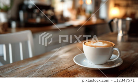 Close-up of a cup of coffee on a wooden table in a coffee shop with a blurred background 112347571