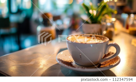 Close-up of coffee cup on wooden table in cafe . Cappuccino on blur kitchen background 112347594