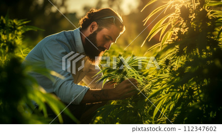Man researcher checking marijuana cannabis leaves in cannabis field, Business agricultural cannabis. 112347602