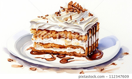 Scrumptious Cake with Creamy Icing and Chocolate Drizzle on White Plate Scrumptious Cake with Creamy Icing and Chocolate Drizzle on White Plate 112347609